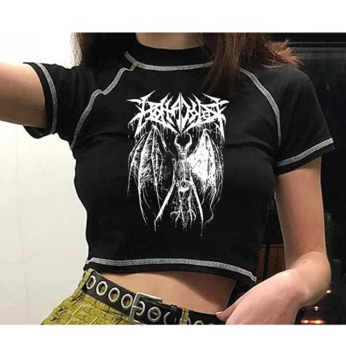 Poliéster Mujeres Camisetas de manga corta, impreso, negro,  trozo