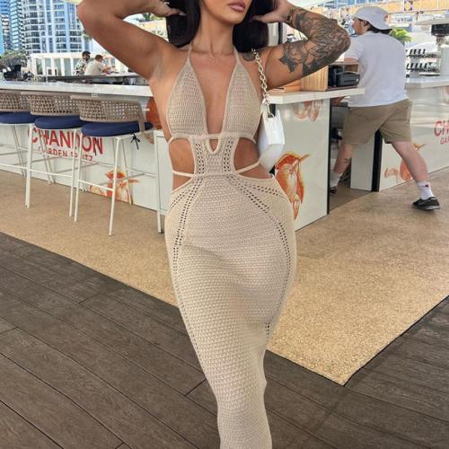 Polyester Slip Dress backless & hollow patchwork Solid PC