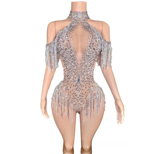 Spandex Short Evening Dress deep V & backless & with rhinestone silver PC