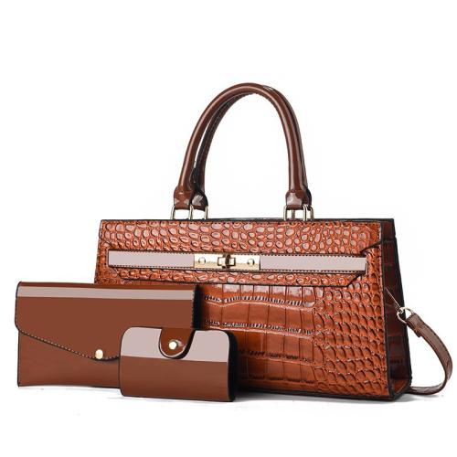 PU Leather Tote Bag Bag Suit attached with hanging strap & three piece crocodile grain Set