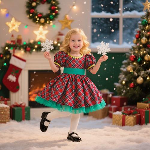 Polyester Christmas costume & Ball Gown Girl One-piece Dress red PC