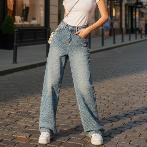 Cotton Straight & High Waist Women Long Trousers slimming & loose washed blue PC