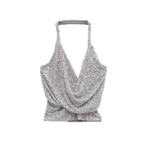 Sequin & Polyester Slim Camisole backless silver gray PC