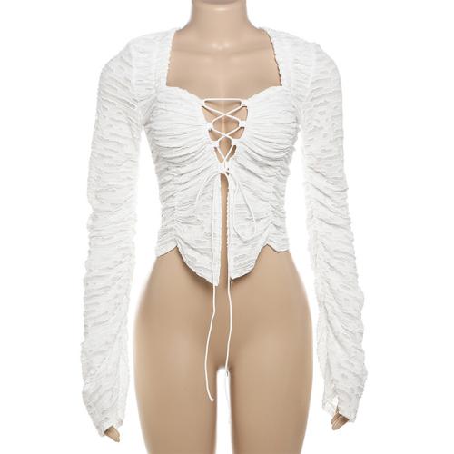 Polyester Slim Women Long Sleeve Blouses & hollow Solid white PC