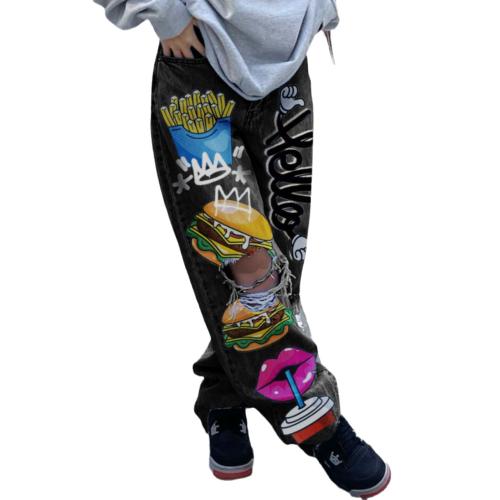 Denim Ripped & Middle Waist Women Long Trousers & loose printed PC