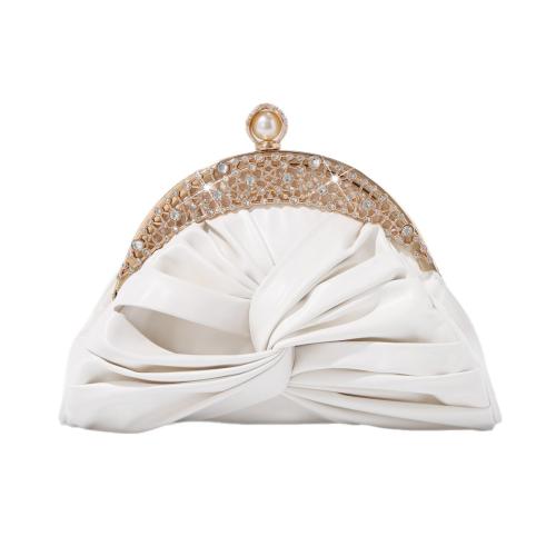 PU Leather Clutch Bag soft surface & attached with hanging strap & with rhinestone white PC