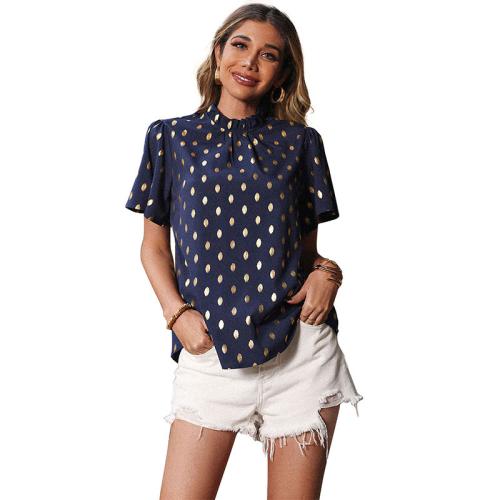 Polyester Women Short Sleeve Shirt & loose printed Navy Blue PC