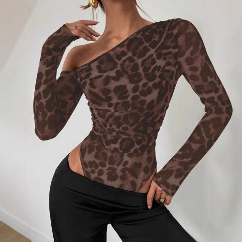 Spandex & Polyester shoulder slope Women Jumpsuit leopard coffee PC