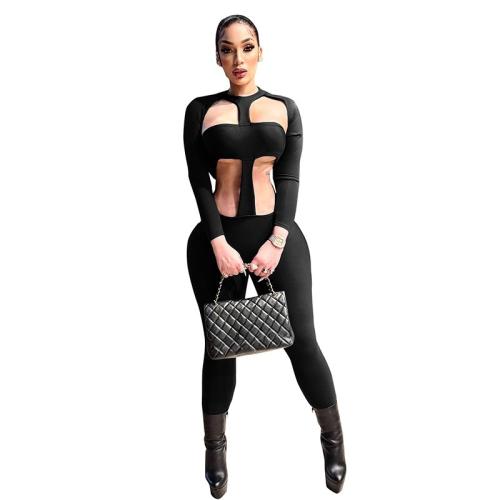 Polyester Long Jumpsuit backless & skinny & hollow Solid black PC