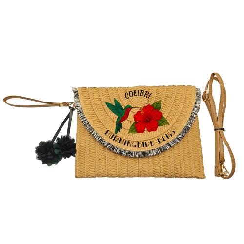 Straw Crossbody Bag soft surface & adjustable Polyester khaki PC