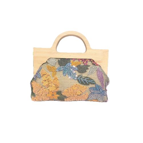 Straw Handbag soft surface & attached with hanging strap Polyester Cotton & Wood & Sequin flower shape PC