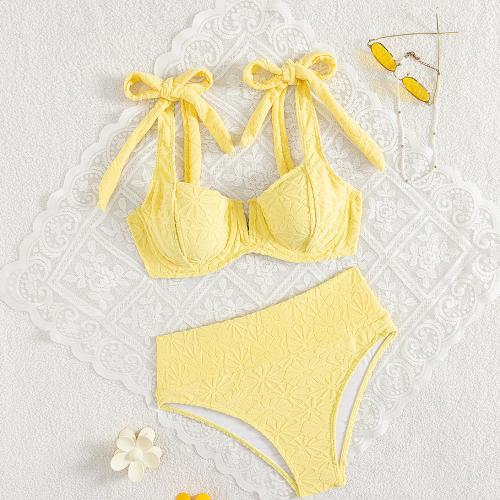Polyester Bikini backless plain dyed yellow Set