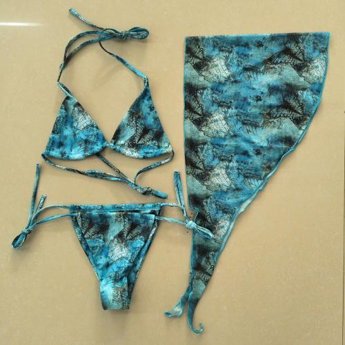 Polyester Bikini backless & three piece printed blue Set
