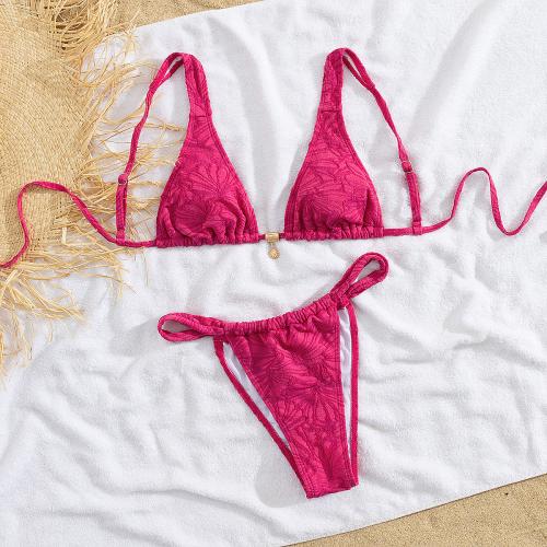 Polyester Bikini backless & two piece plain dyed fuchsia Set