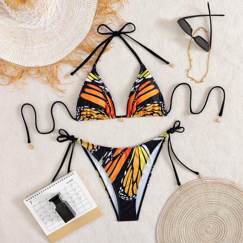 Polyester Bikini backless & two piece butterfly pattern black Set