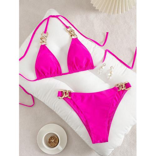 Polyester Bikini backless & two piece plain dyed fuchsia Set