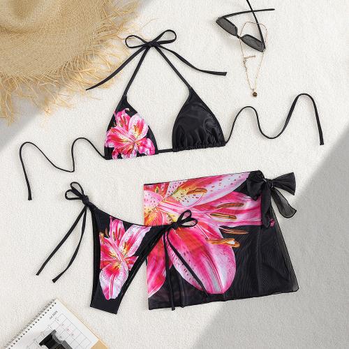 Polyester Bikini backless & three piece printed black Set