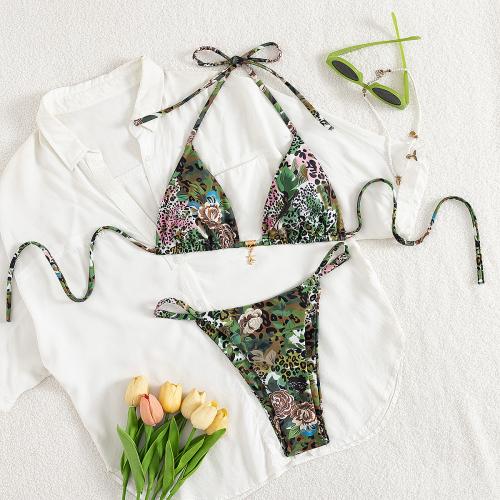 Polyester Bikini backless & two piece printed green Set