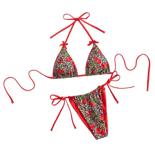 Polyester Bikini backless & padded printed leopard red Set