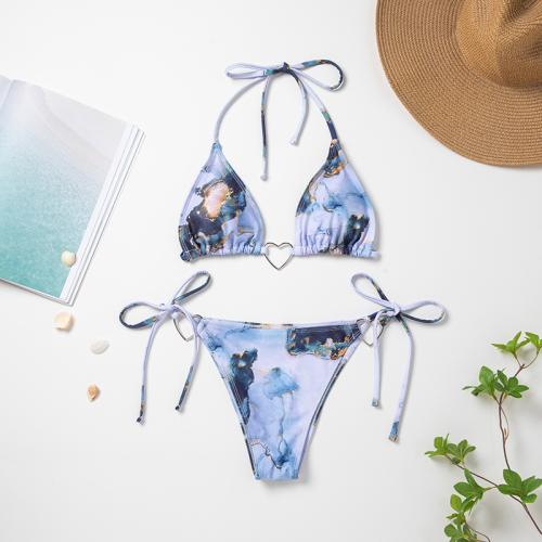 Polyester Bikini backless & two piece light blue Set