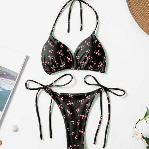 Polyester Bikini backless & two piece black Set