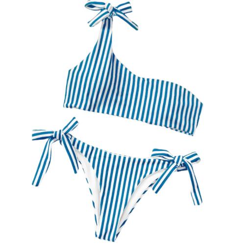 Spandex & Polyester Tankinis Set & two piece & padded & One Shoulder printed striped blue Set