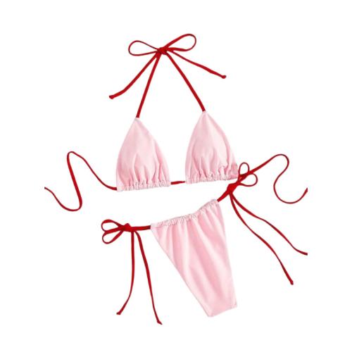 Polyamide & Spandex Bikini backless & two piece & padded plain dyed Solid pink Set