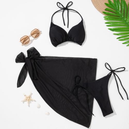 Spandex & Polyester Bikini backless & three piece & padded plain dyed Solid black Set