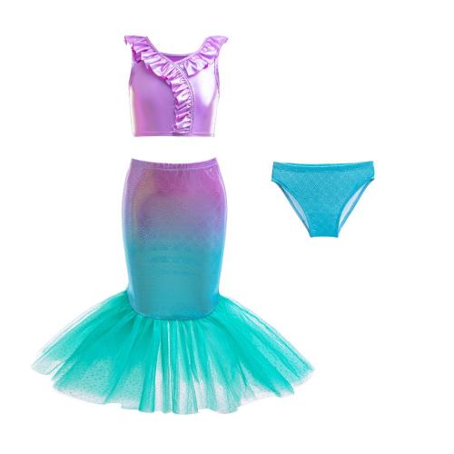 Polyester Girl Kids Three-piece Swimsuit & three piece patchwork blue Set