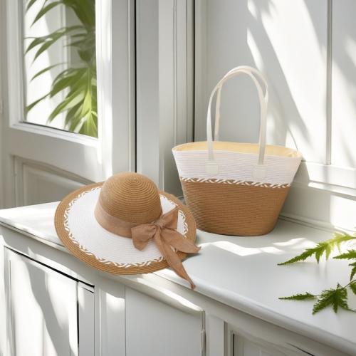 Straw Tote Bag Woven Shoulder Bag large capacity & two piece Polyester Peach Skin PC