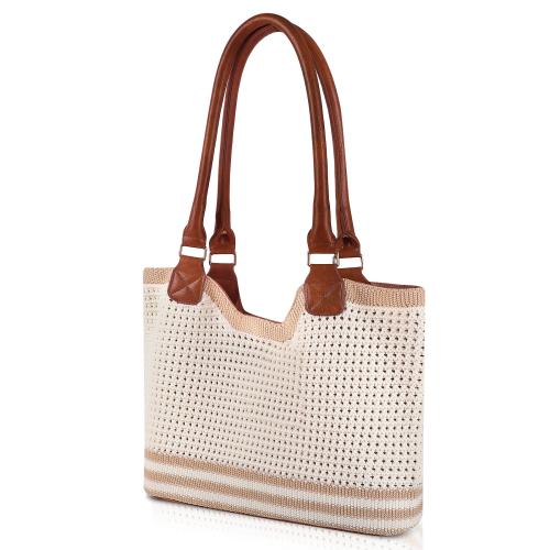 Straw Woven Shoulder Bag large capacity PU Leather white PC