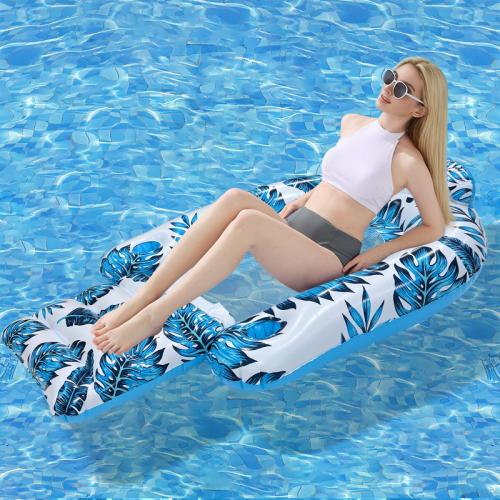 PVC Inflatable & foldable Floating Bed thickening printed leaf pattern blue PC