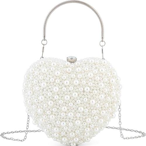 プラスチックパール & ポリエステル クラッチバッグ 心臓パターン 白 一つ