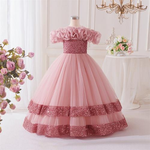 Viscose & Polyester & Cotton Princess & Ball Gown Girl One-piece Dress with bowknot & off shoulder Sequin Solid pink PC