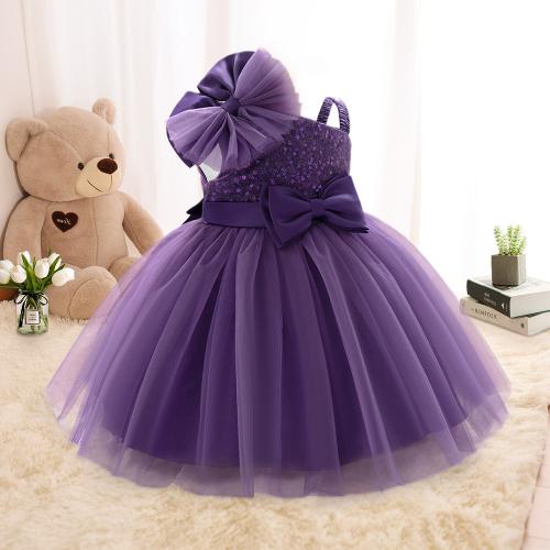 Viscose & Polyester & Cotton shoulder slope & Princess & Ball Gown Girl One-piece Dress with bowknot Sequin Solid purple PC