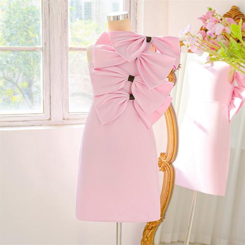 Polyester & Cotton Princess Girl One-piece Dress with bowknot Viscose Solid light pink PC