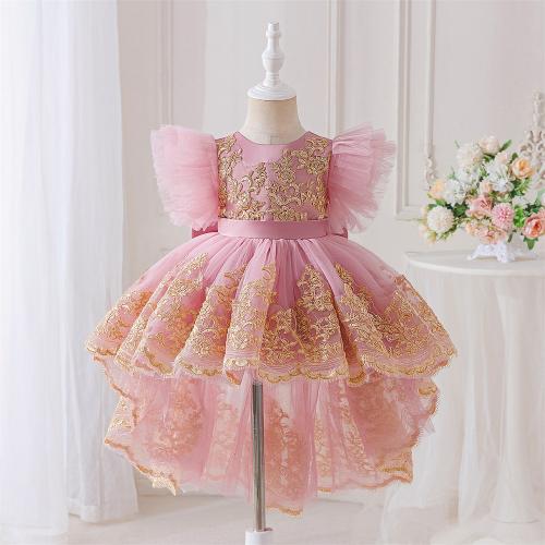 Viscose & Polyester & Cotton Princess Girl One-piece Dress & short front long back embroider pink PC