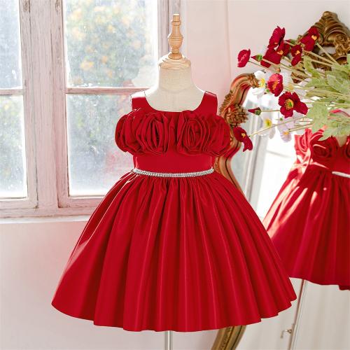 Viscose & Polyester & Cotton Princess Girl One-piece Dress floral red PC