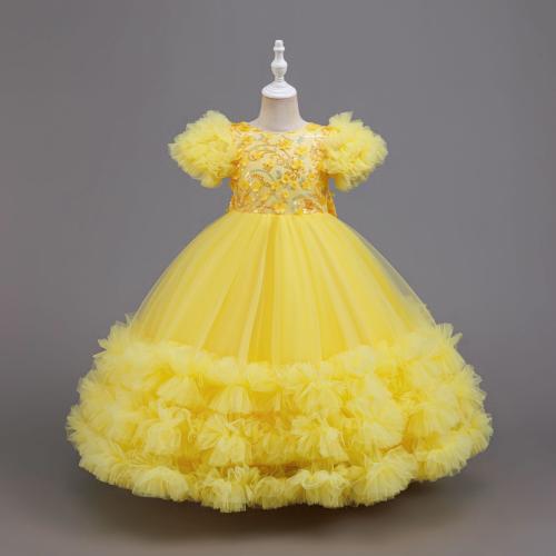 Viscose & Polyester Princess Girl One-piece Dress Sequin floral yellow PC