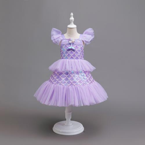 Polyester & Cotton Princess Girl One-piece Dress Sequin fish scale pattern PC
