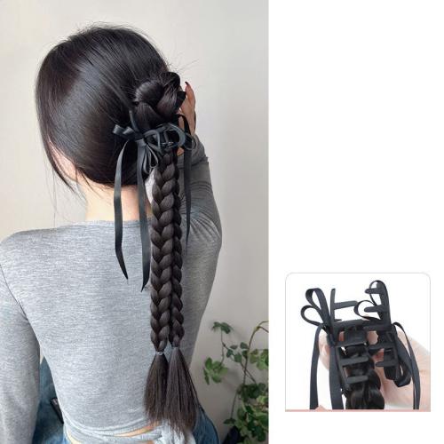 Braid Ponytail Women's Ribbon Bow Double High Ponytail Low Braid Side Ponytail