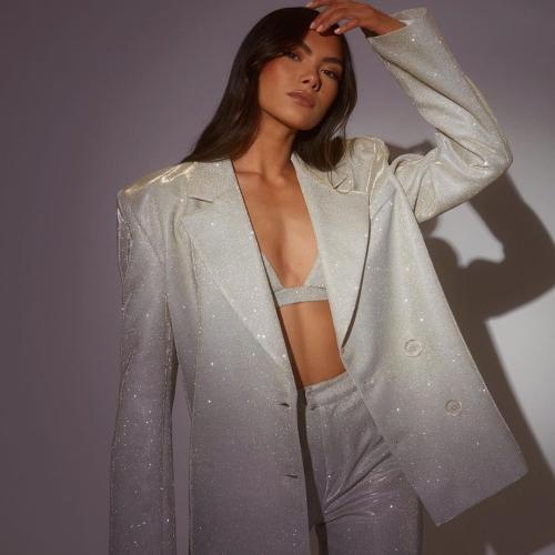 ポリエステル 女性カジュアルセット ロングトラウザーズ & コート 単色 銀 セット