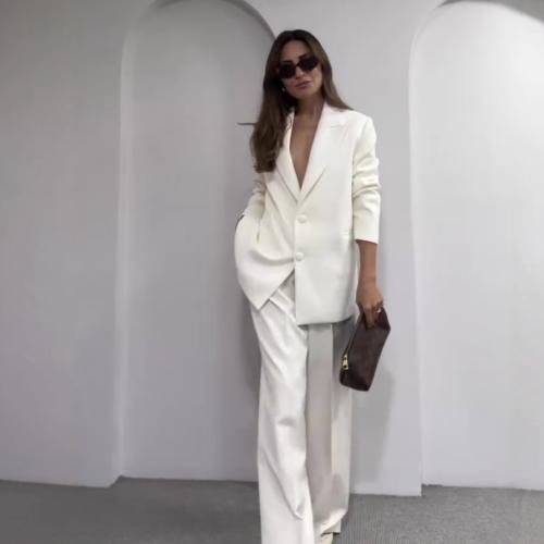 ポリエステル 女性ビジネスパンツスーツ ロングトラウザーズ & コート 単色 白 セット