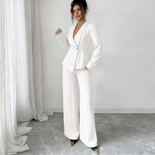 ポリエステル 女性カジュアルセット ロングトラウザーズ & コート 単色 白 セット