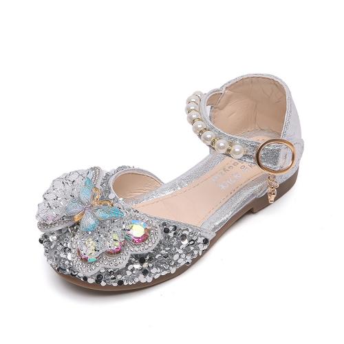 Beef Tendon & PU Leather with bowknot Girl Kids Shoes Plastic Sequins Pair