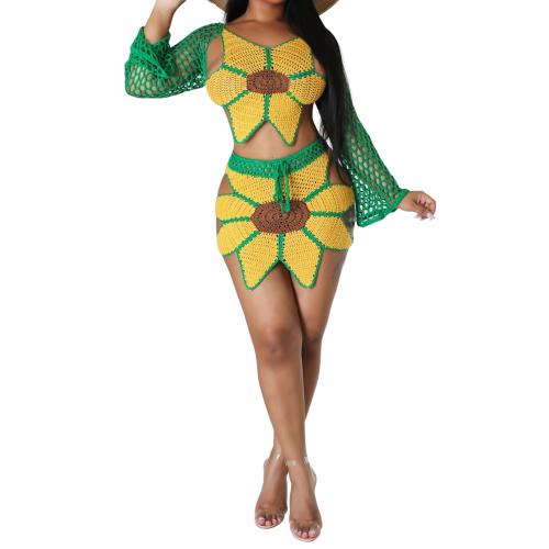 Acrylic & Polyester Two-Piece Dress Set backless & two piece & hollow crochet floral green Set