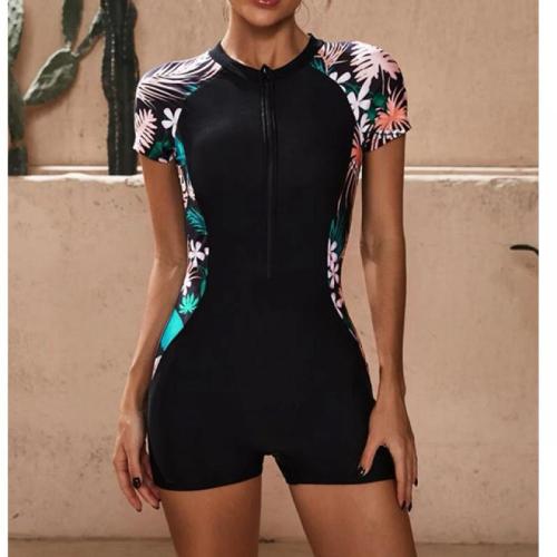 Poliéster Traje de baño de una sola pieza, impreso, floral, negro,  trozo