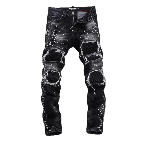 Denim Ripped Men Casual Pants & studded black PC