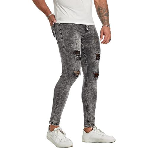 Cotton Denim Ripped Men Casual Pants pencil pant Cotton Denim frayed Solid gray PC
