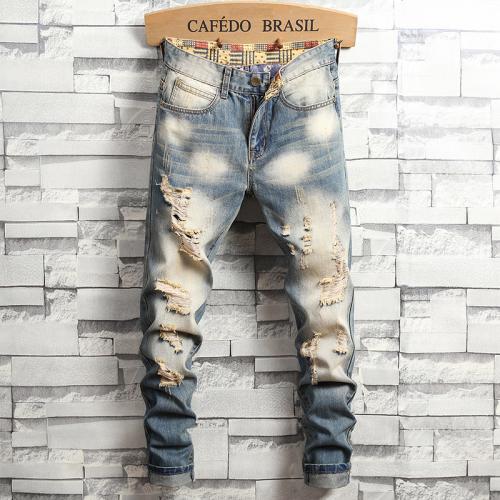 Cotton Denim Ripped & Straight Men Casual Pants Solid blue PC